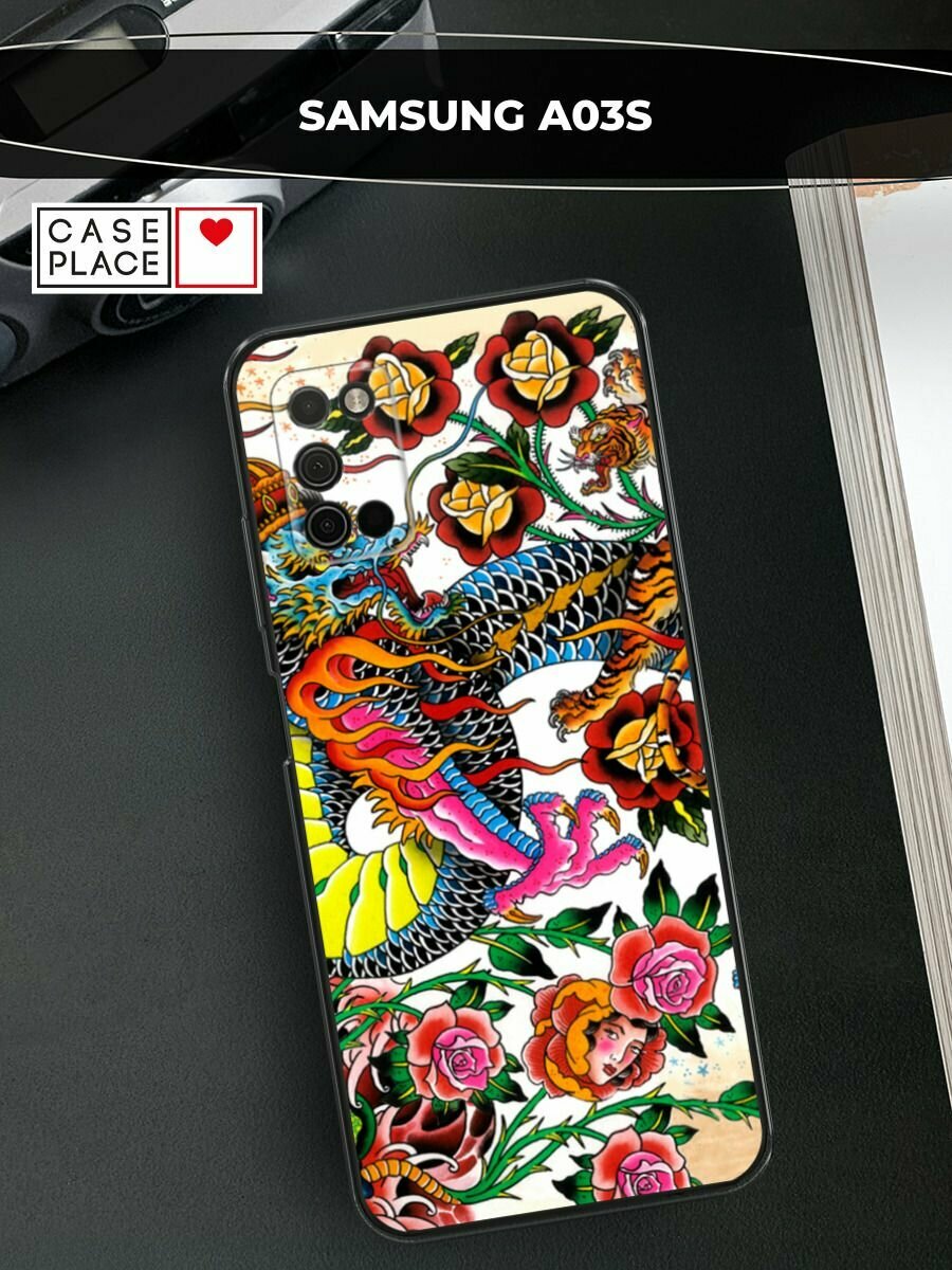 Чехол на Samsung Galaxy A03S / Самсунг Галакси A03S с принтом "Дракон в цветах"