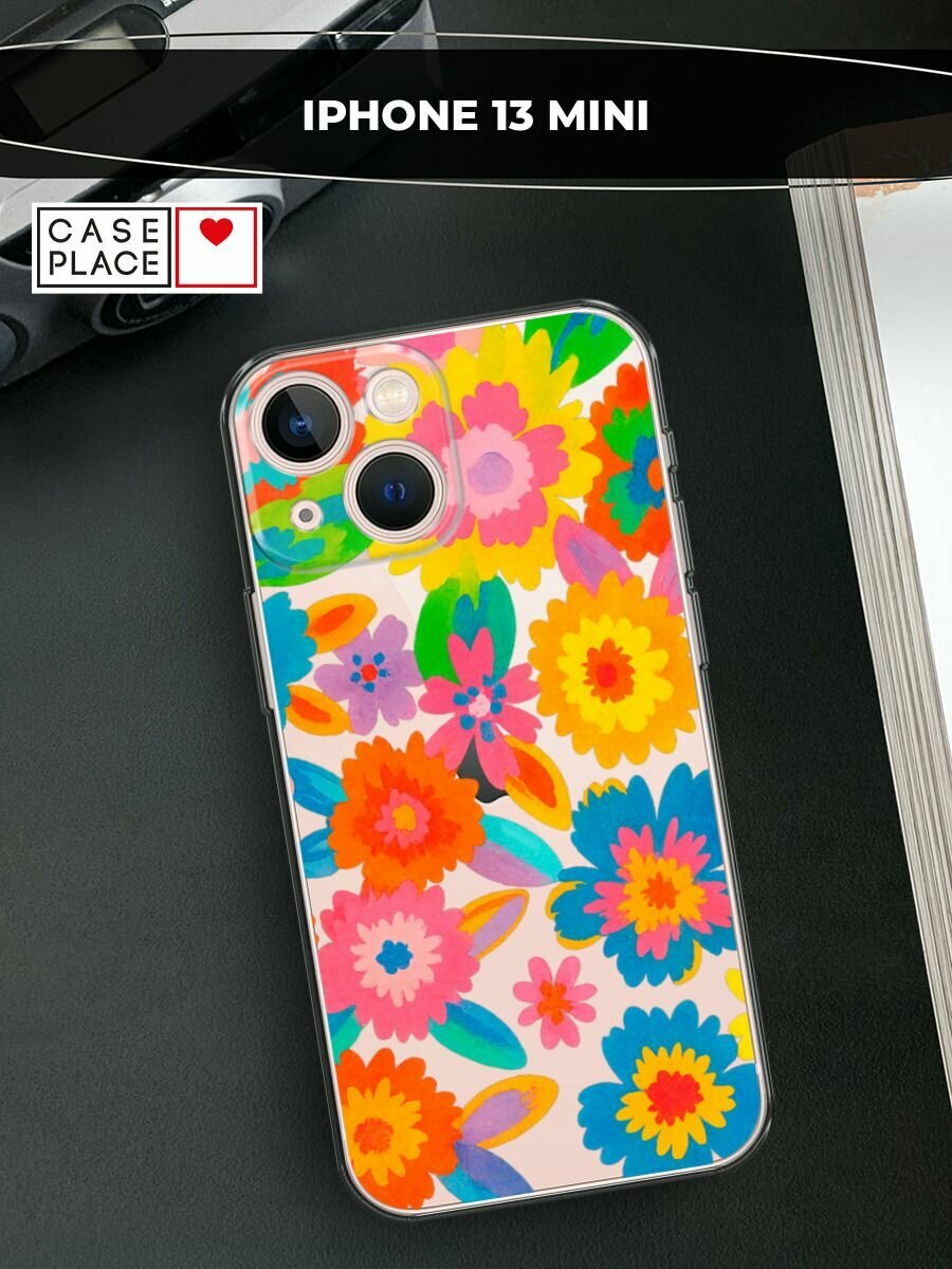 Чехол на Apple iPhone 13 mini / Айфон 13 мини с принтом "Абстрактные яркие цветы", прозрачный