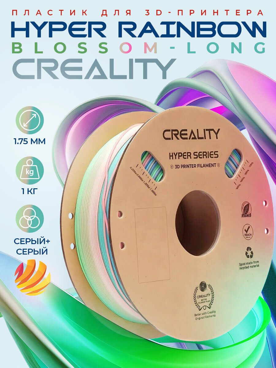 Катушка Hyper PLA+ Rainbow Wild Blossom-Long Creality 1.75 мм 1кг, радужная