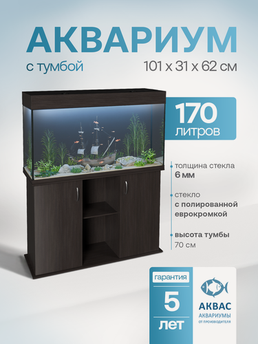 Изображение товара Аквариум 170 литров с тумбой крышкой и освещением (101х31х62см) для рыбок