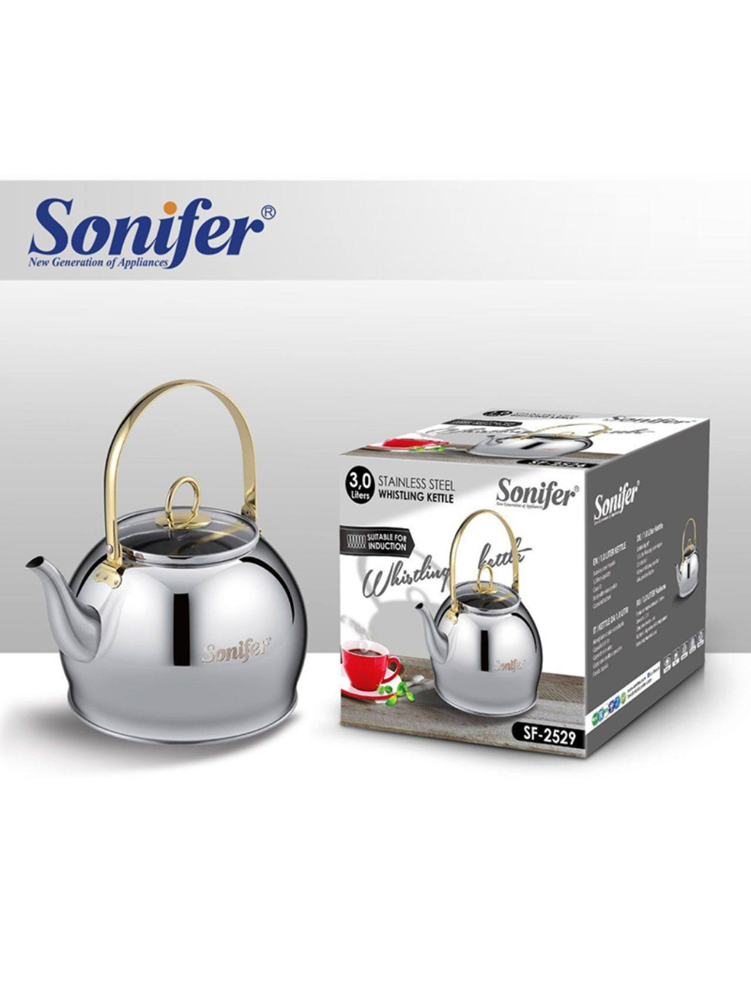 Чайник SONIFER , металлический, SF-2529, со свистком для всех видов плит, 3.0 л