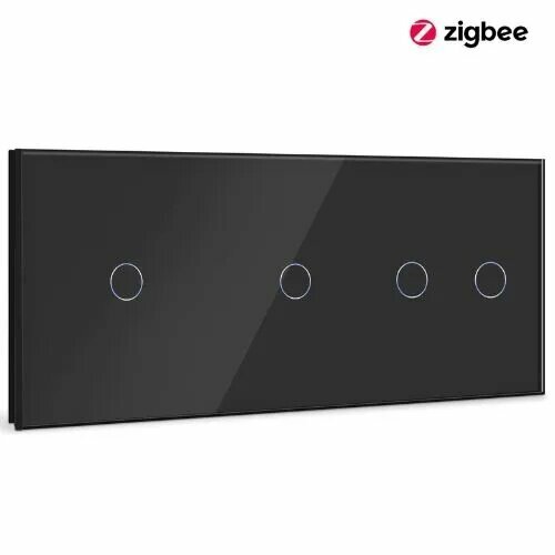 Сенсорный выключатель 4 клавиши, умный Zigbee выключатель, 3 поста (1+1+2) , голосовое управление, панель стекло Чёрный, 228mm