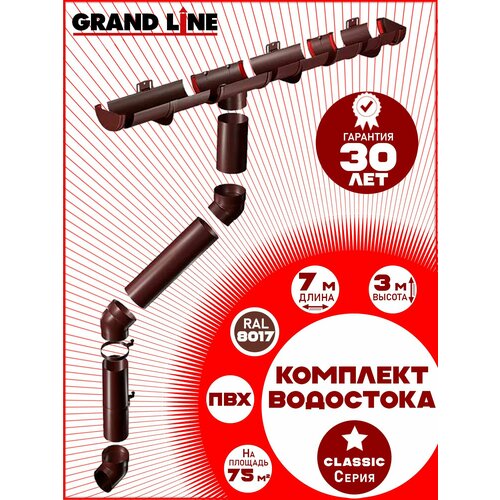 фото Комплект водосточной системы grand line на 7 м карниза по 1 метру (120мм/90мм) коричневый, набор элементов водостока для крыши пластик гранд лайн ( ral 8017 шоколад ) пвх