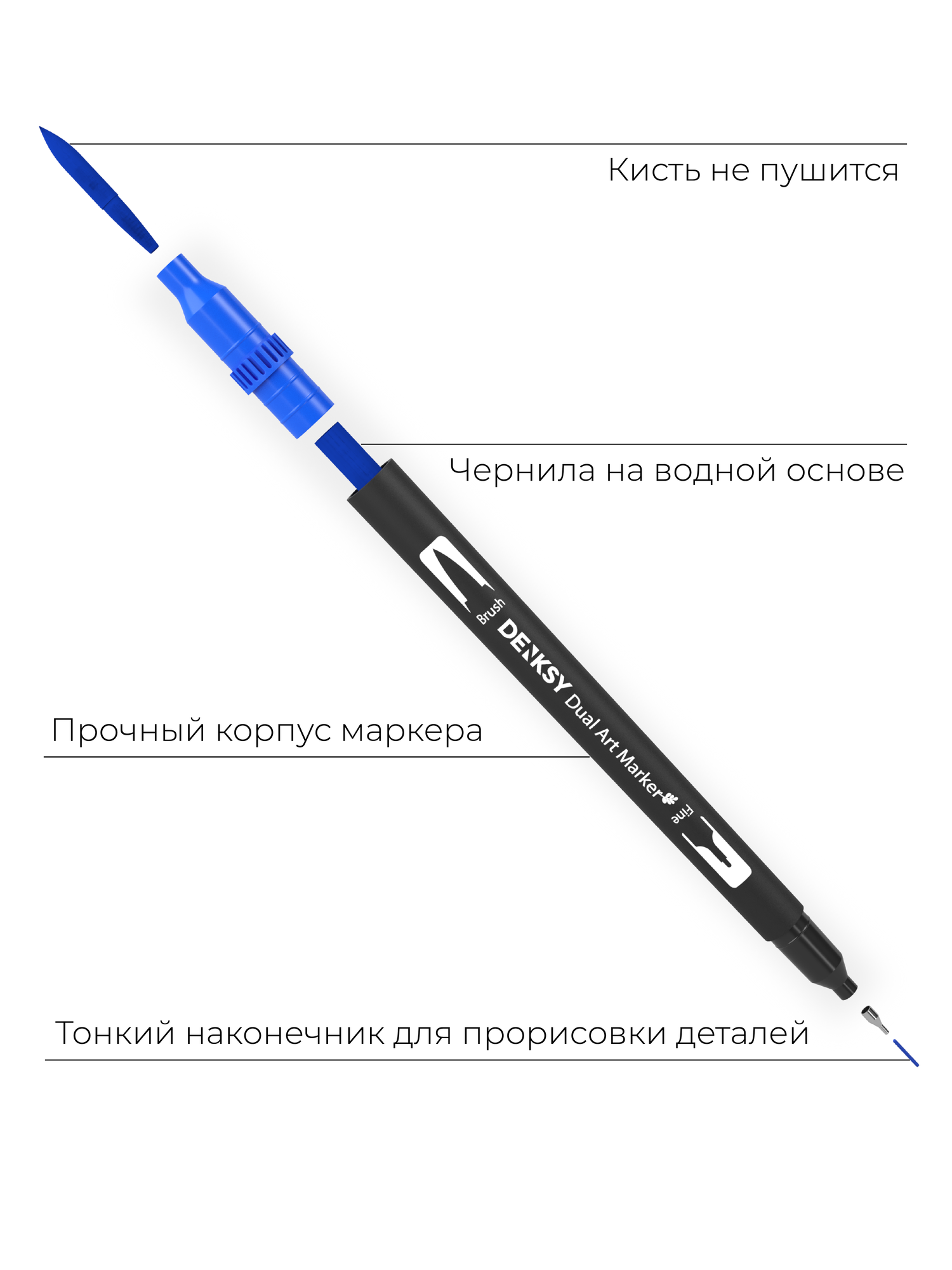 Маркеры акварельные для скетчинга DENKSY, 6 цветов, двусторонние (кисть 1-2 мм, линер 0,4 мм), корпус черный — фото 1