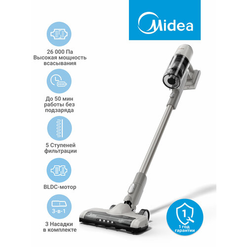 Моющий вертикальный беспроводной пылесос Midea VSS GX5 3 режима самоочистка зарядная станция серый 10490₽