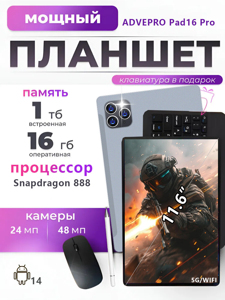 Планшет андроид с клавиатурой Pad16 Pro 11.6" 16 ГБ+1024 ГБ