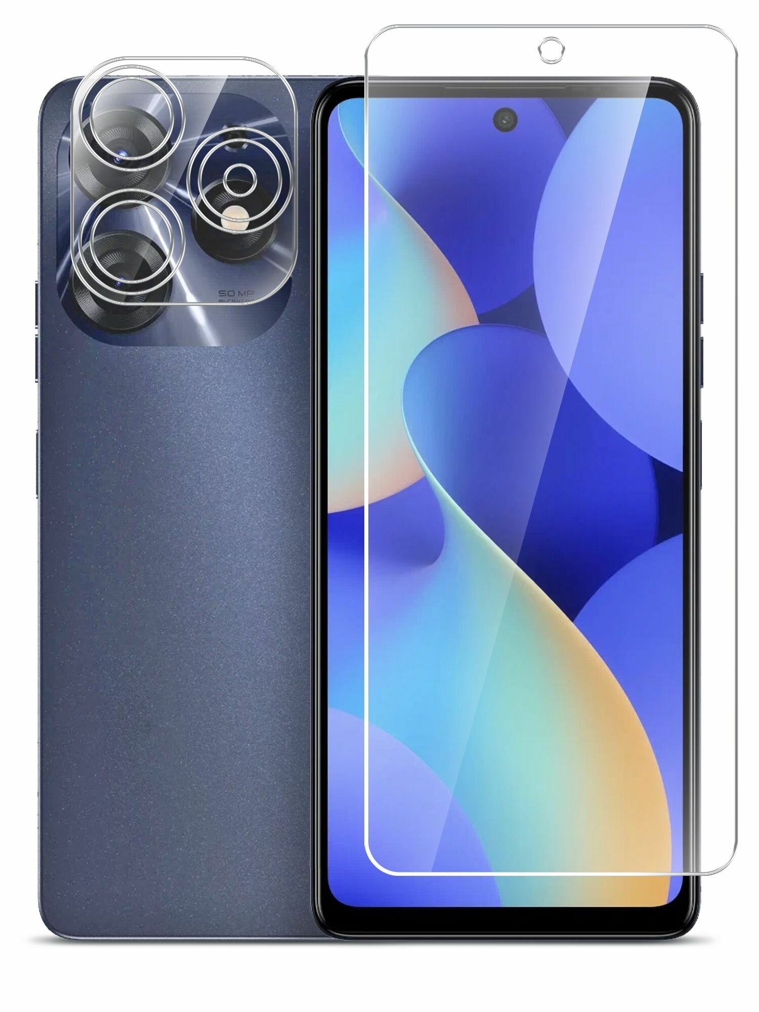 Защитное стекло для Tecno Spark 10 Pro (Техно Спарк 10 Про) на Экран и Камеру, (гибридное: пленка+стекловолокно), прозрачное силиконовая клеевая основа тонкое Hybrid Glass, Miuko — фото 1