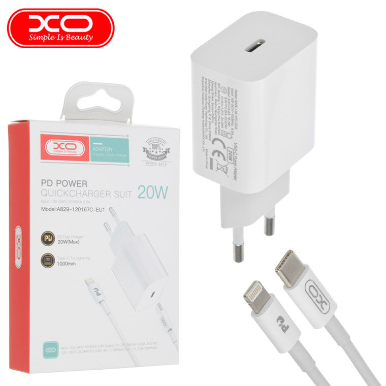 Сетевое зарядное устройство XO A829-120167C для смартфонов и планшетов, быстрая зарядка, USB-C, белое