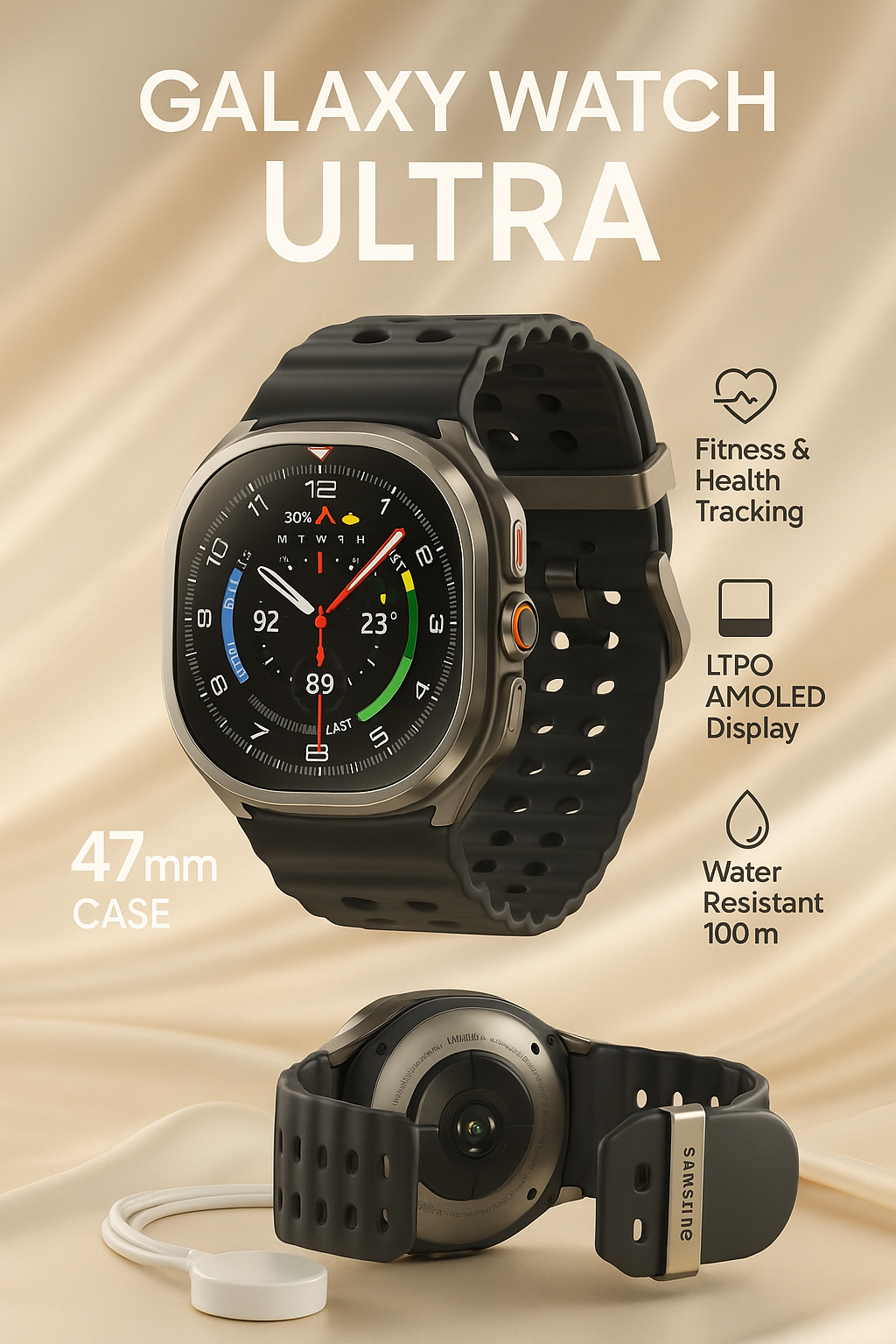 Samsung Galaxy Watch Ultra, титановый корпус, двухдиапазонный GPS, черный цвет