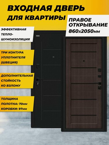 Изображение товара Входная дверь металлическая для квартиры Борн/SBlack Букле черное/Wenge Melinga правая 2050*860