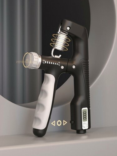 Изображение товара Кистевой регулируемый пружинный эспандер с нагрузкой от 10 до 100 кг с цифровым счетчиком нажатий. Цвет черно-серый.