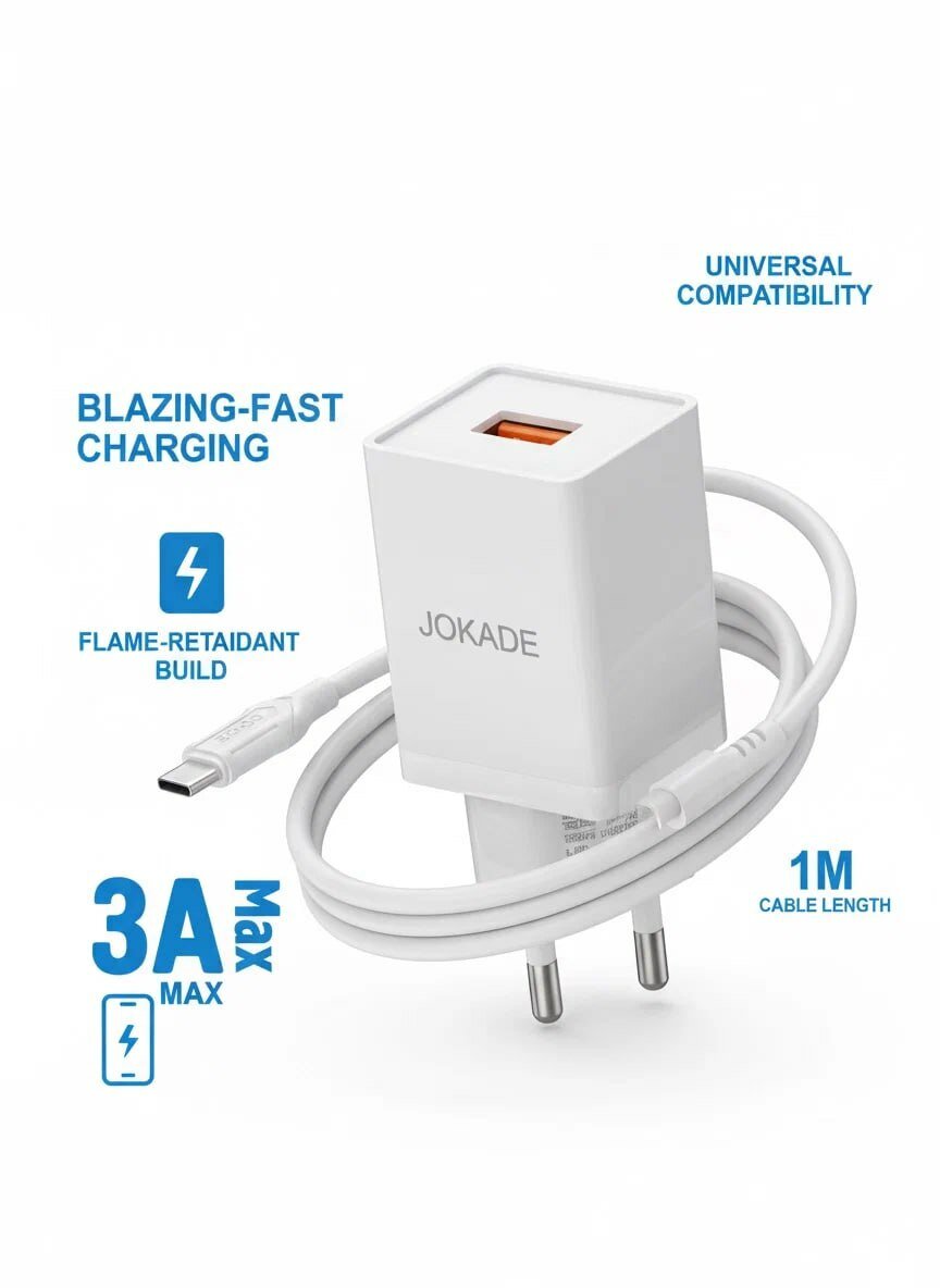 Зарядное устройство JOKADE JB048 с кабелем Type C, 3A, быстрозажимное, огнестойкий корпус, белое