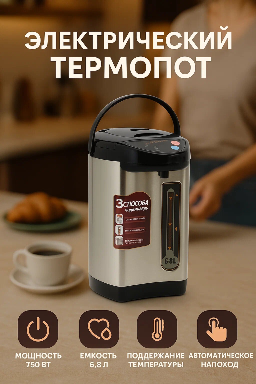 Термопот-термос-чайник Emerald, 6,8 литра, многофункциональный, с защитой от перегрева и автоотключением