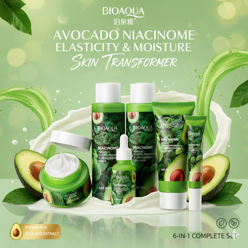 BIOAQUA Avocado — 6-в-1 увлажняющий набор с ниацинамидом для ежедневного ухода.