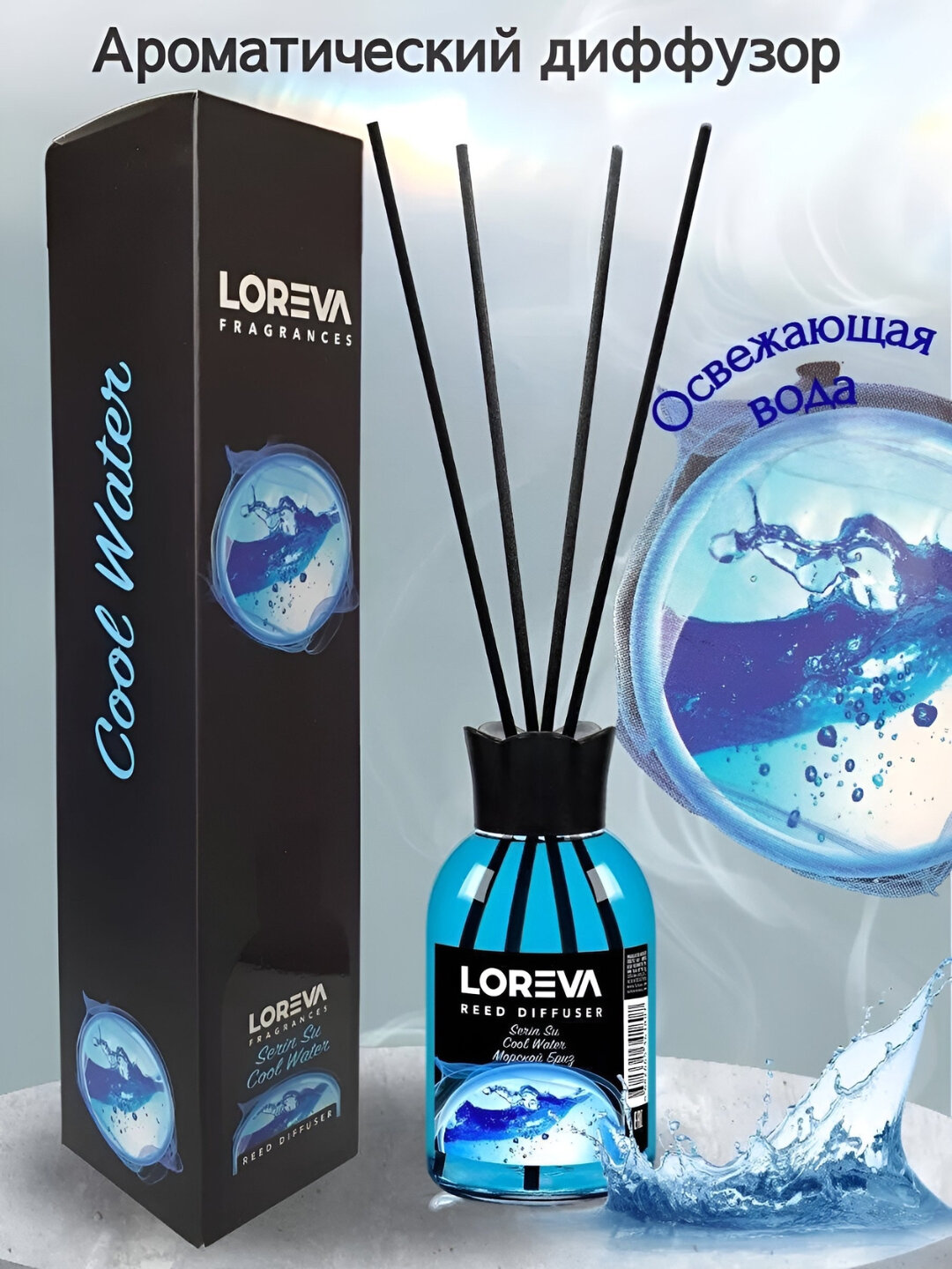 "LOREVA" "Cool Water" 110 мл. Диффузор с палочками для воздуха дома, автомобиля и офиса, с ароматом освежающая вода,