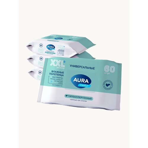 Влажные полотенца AURA FAMILY с крышкой 240 шт 60 шт х 4 гипоаллергенные 530₽