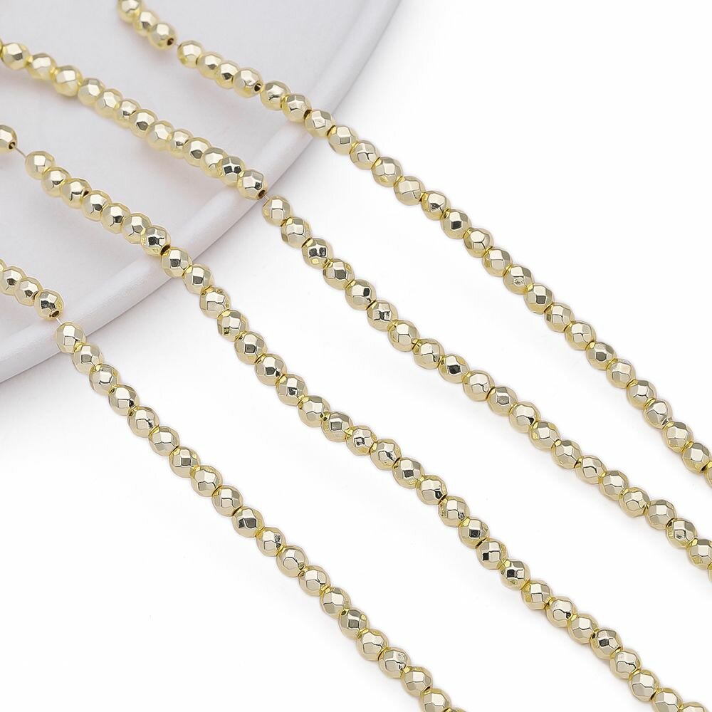 Гематит бусина  граненые 3 мм цвет светлое золото 02 бусины на нитке (около 125 шт)