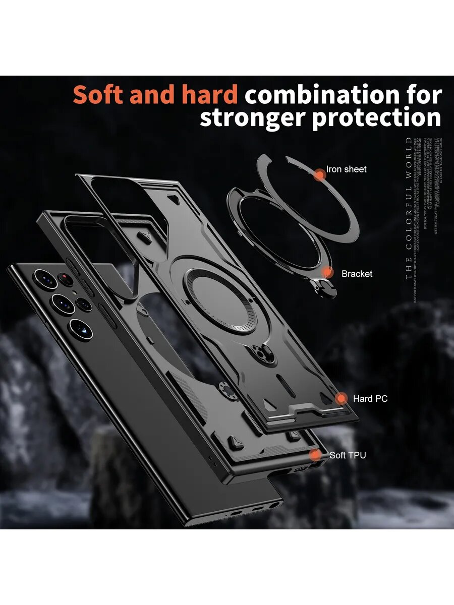 Чехол О'кейси, для Samsung Galaxy S25 Ultra, с кольцом-держателем, прозрачный, чёрный — фото 1