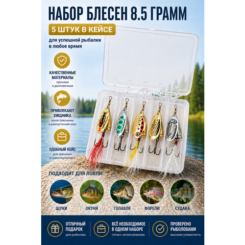 Набор блёсен-вертушек для рыбалки (5 шт, 8.5 грамм) – универсальные, на щуку, окуня, судака, форель, карпа + кейс