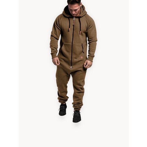 Мужской утепленный флисовый комбинезон с капюшоном и карманами (однотонный, свободный крой) для зимнего отдыха и рыбалки мягкий, легкий