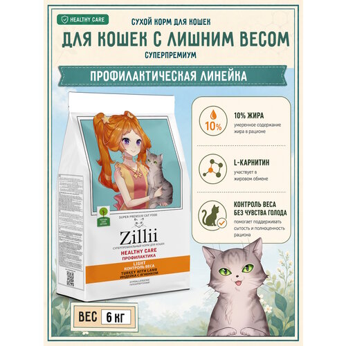 фото Сухой корм для взрослых кошек с лишним весом 6кг zillii, индейка с ягненком