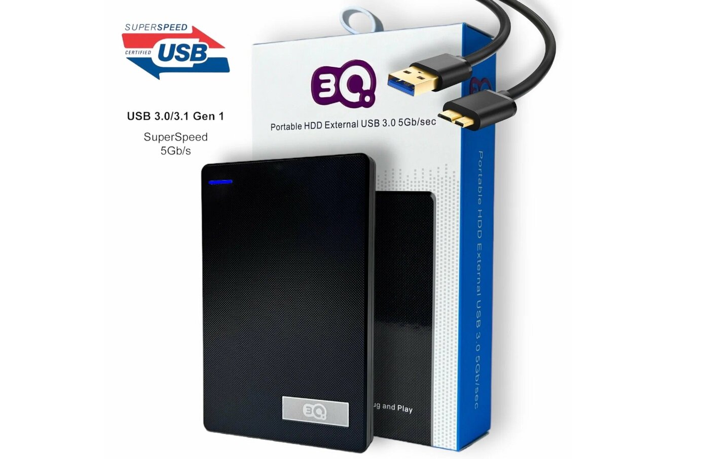 Внешний жесткий диск 3Q "Iris External", 500 Гб, USB 3.2, 2.5", черный