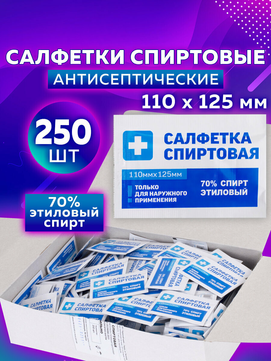 Салфетки влажные спиртовые дезинфицирующие антисептические медицинские для инъекций и уколов 110x125 мм Комплект 250 шт Грани короб 630864