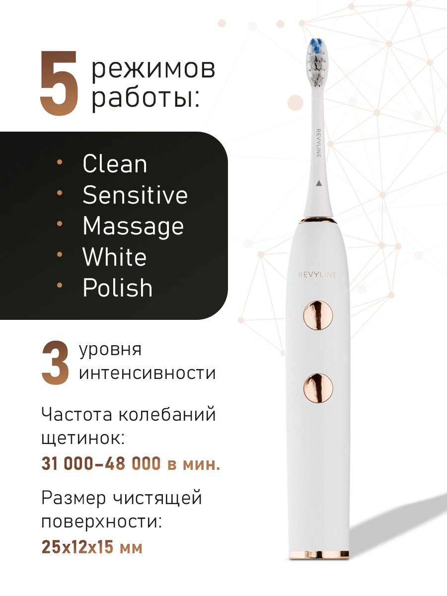 Звуковая электрическая зубная щетка Revyline RL 085 белая, с насадками, с футляром, с зарядкой, для женщин — фото 1
