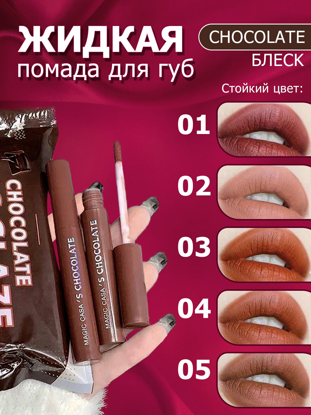 Блеск для губ MAGIC CASA Шоколадный, увлажняющий, с приятным ароматом, компактный, коричневый