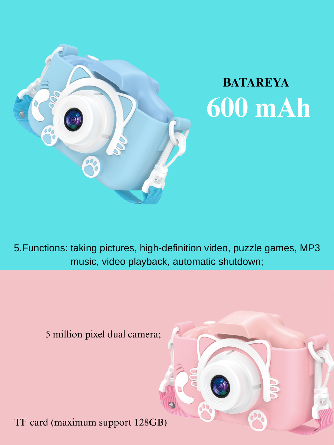 Детская фото- и видеокамера Kakusiga. Дисплей: 2,0 дюйма, HD, двойная камера, 48 Мп, поддержка карт памяти MicroSD 128 ГБ. — фото 1