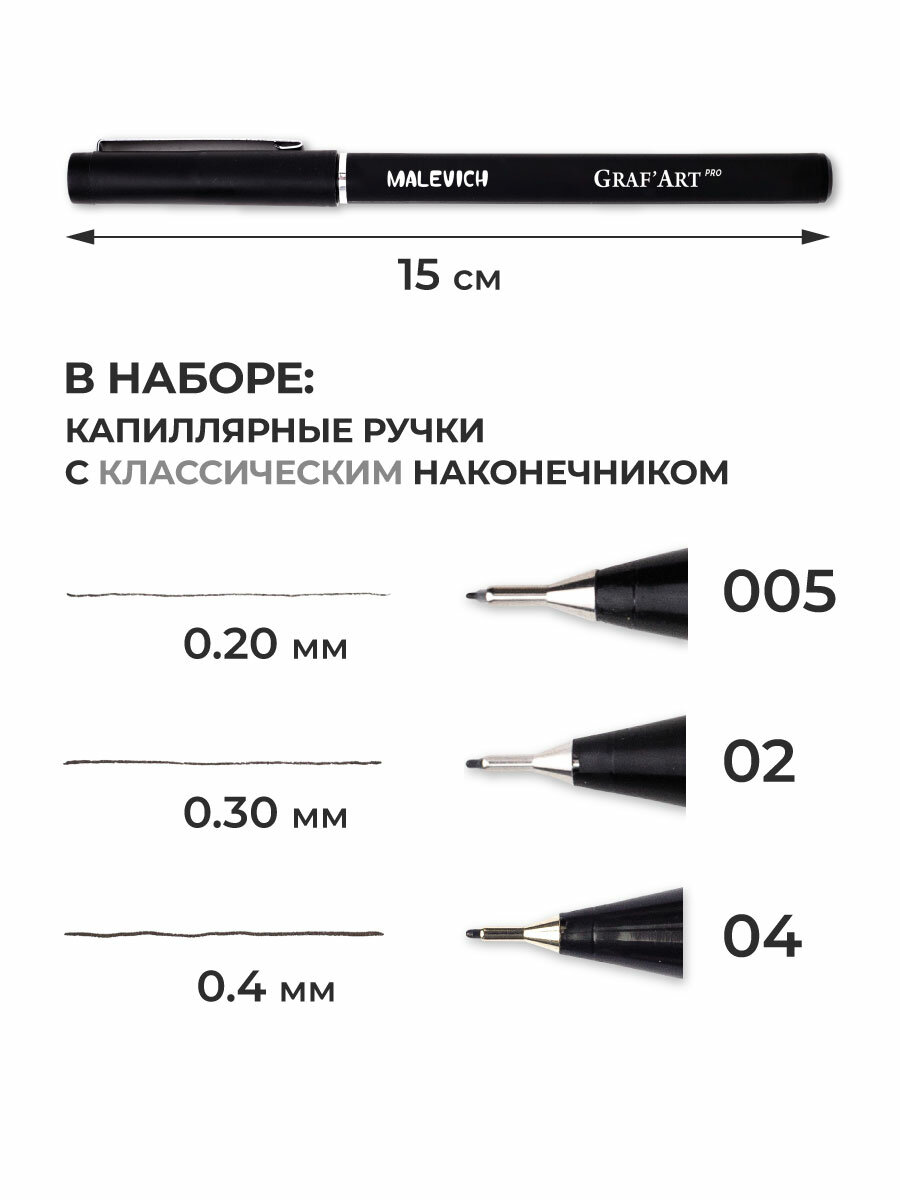 Комплект капиллярных ручек Малевичъ GrafArt PRO / набор 3шт: 005, 02, 04 / ручка для скетчинга / ручка для рисования — фото 1