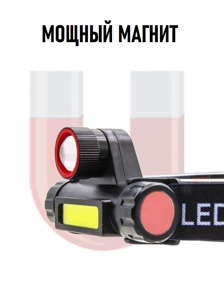 Компактный диодный USB заряжаемый налобный фонарь высокой мощности с зумом, магнитом и 4 режимами работы — фото 1