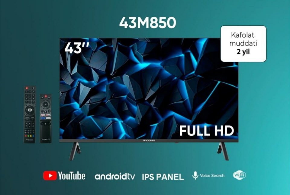Телевизор Moonx 43 диагональ, new 2025 restayling M850, Android 14 голосовое управление, 2-пульта — фото 1