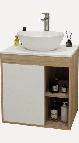 Изображение товара Тумба с раковиной Teymi Nura 60 подвесная, 60 см, со столешницей, белая, светлое дерево, матовая, из МДФ, с дверками, раковина для ванной, фарфоровая, овальная