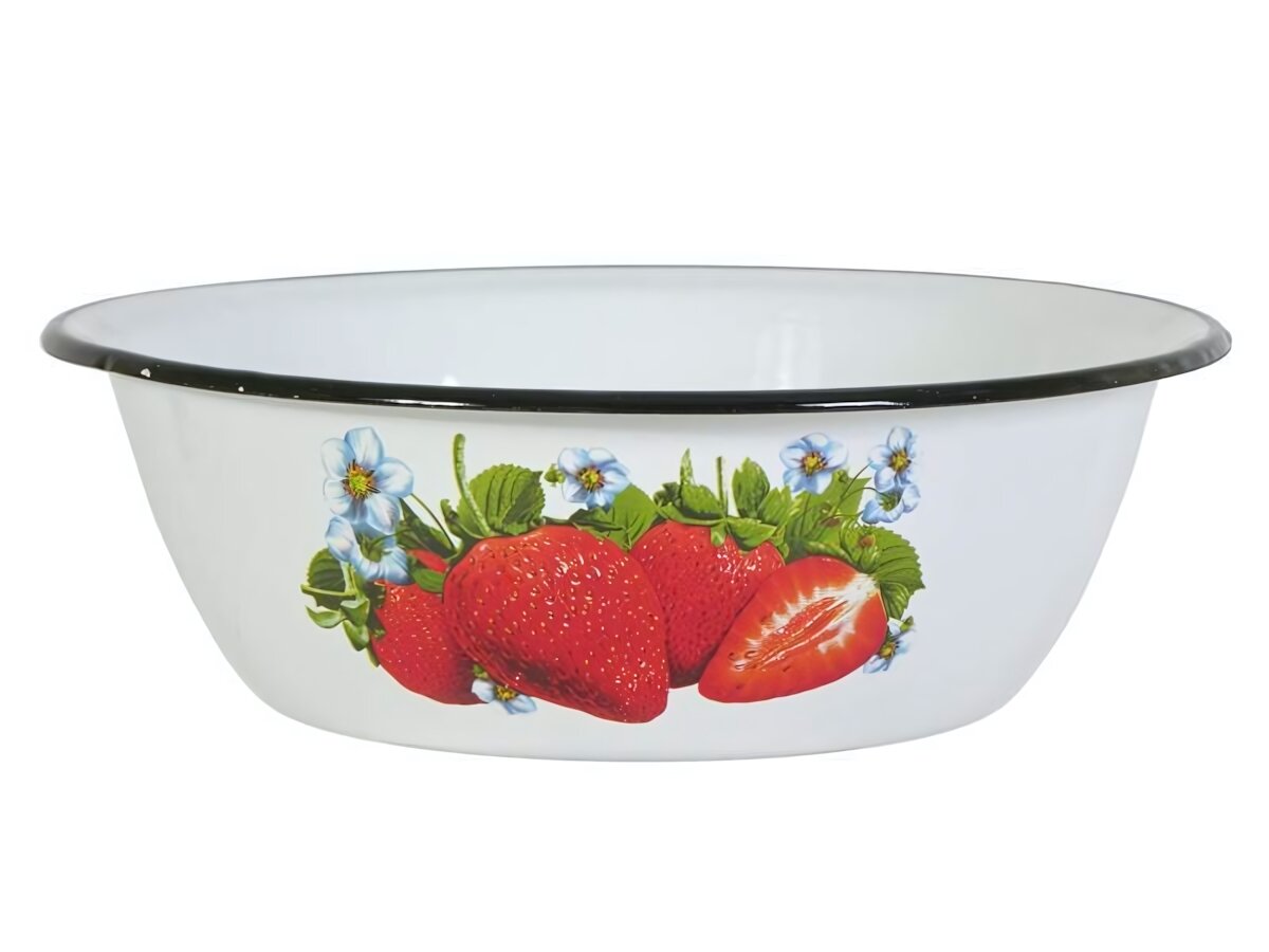 Миска эмалированная 35л с рисунком белая с черной окантовкой декоративная посуда