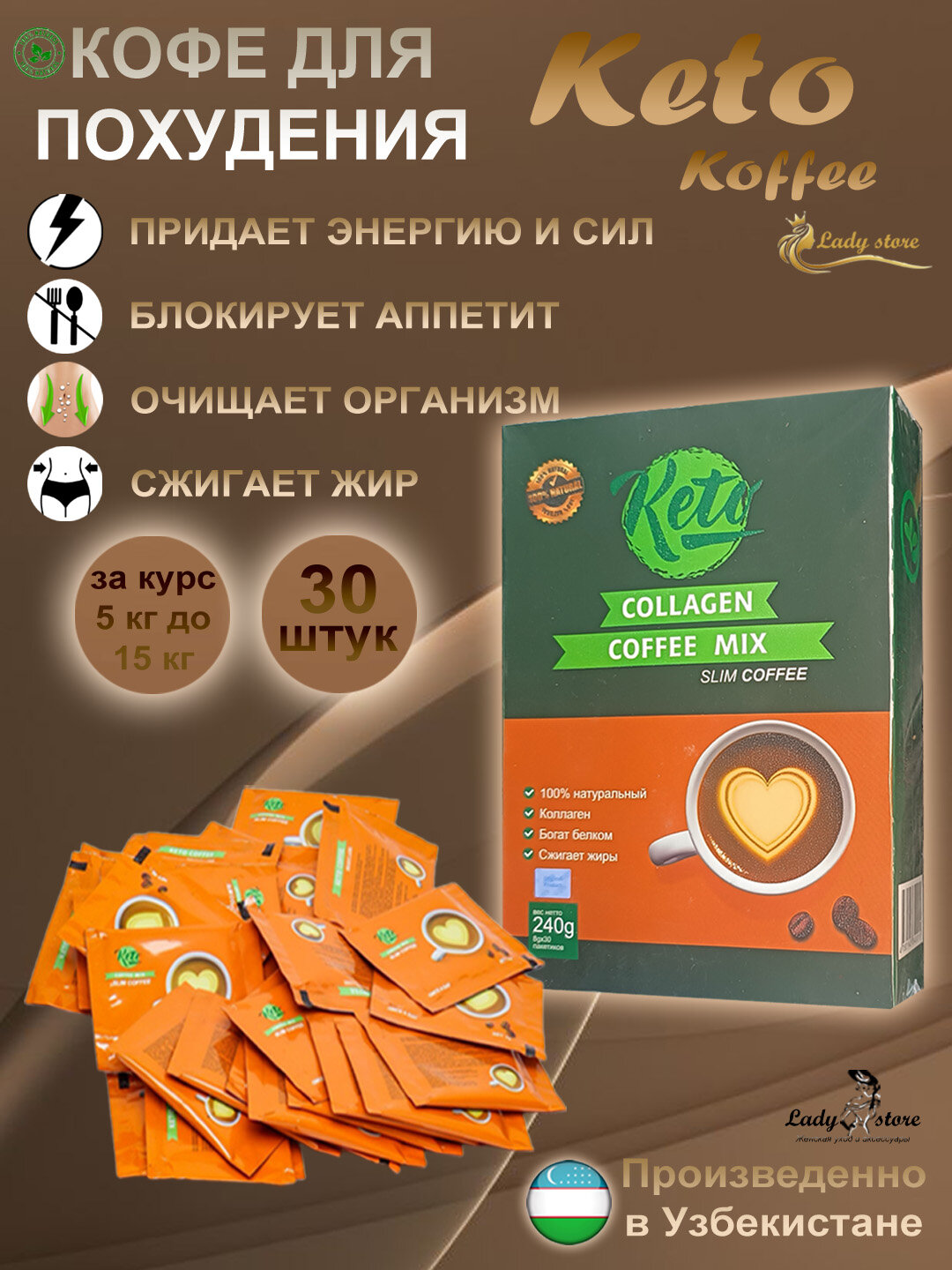 Slim Keto Coffee Кофе для похудения понижение аппетита жиросжигание продукт 30 шт.