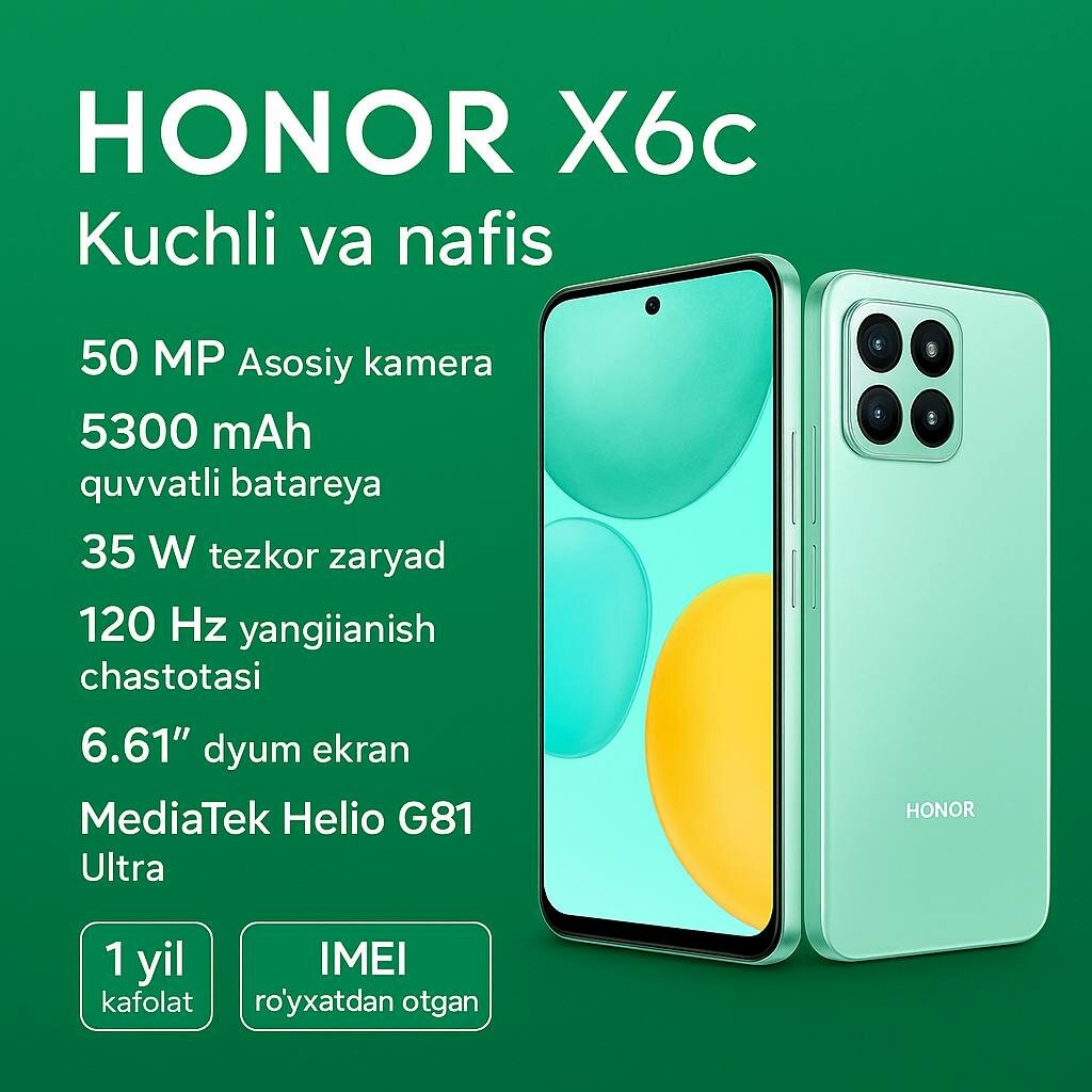 Смартфон Honor X6c, 120Гц экран, 5300мАч батарея, 35Вт зарядка, 50МП камера, 6/128GB, Голубой