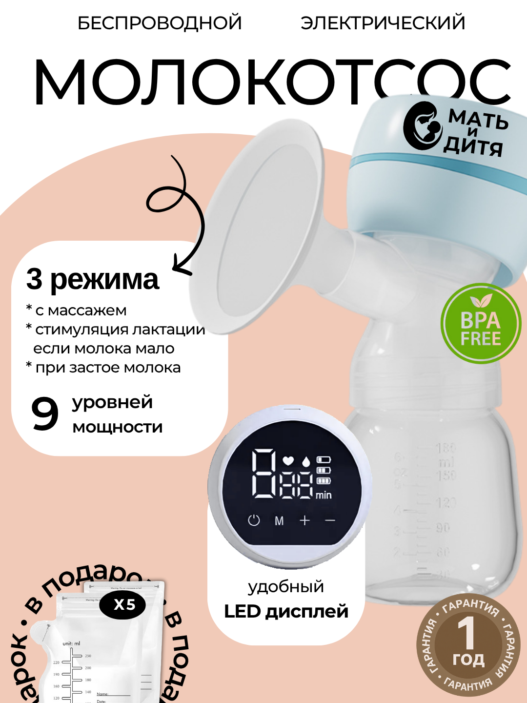 Электрический молокоотсос беспроводной, с функцией массажа и бутылочкой для кормления, пакеты для молока в комплекте, голубой цвет