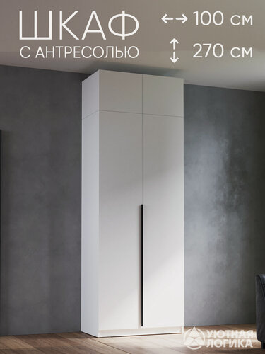 Изображение товара Шкаф для одежды распашной с антресолью и ручкой уютная логика 100*270*50 см, с полками, Белый
