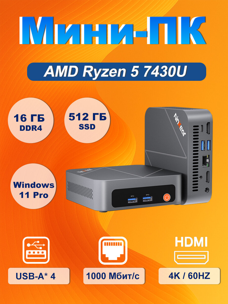 Мини-ПК Ninkear M7 AMD Ryzen 5 7430U 16 ГБ + 12 ГБ SSD Windows 11 Pro