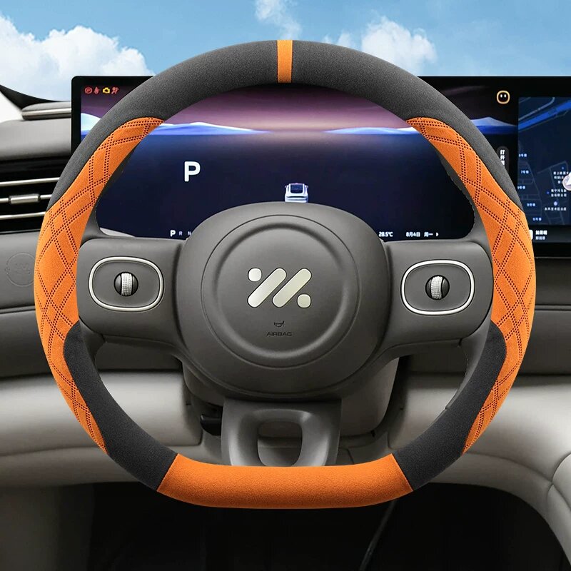 Чехол на рулевое колесо Zeekr LS6 из сукна ультратонкий противоскользящий для зимы - черно-оранжевый