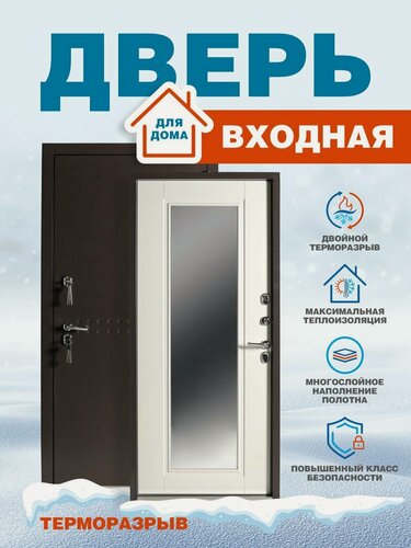 Изображение товара Дверь входная с терморазрывом Мастино ТС белая с зеркалом 2050х880 правая