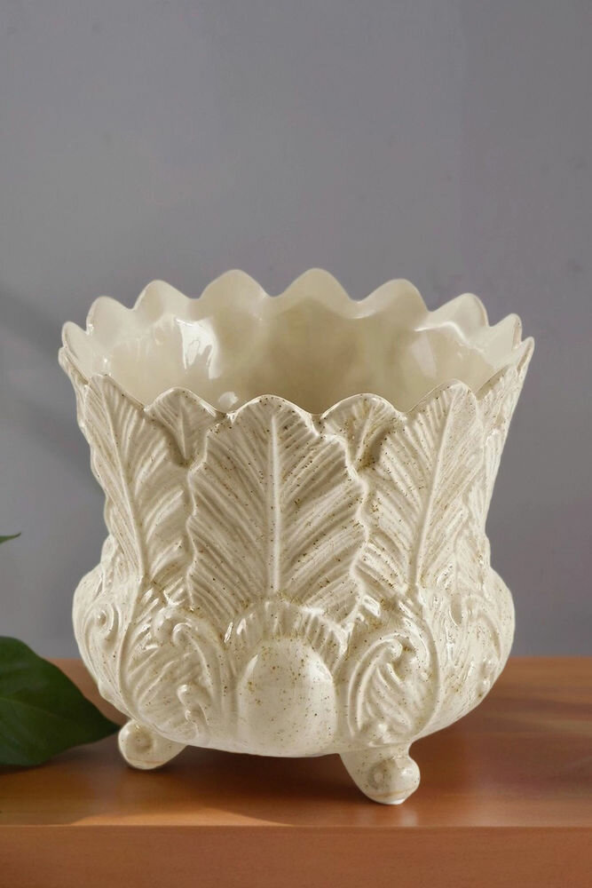 Декоративная ваза-кашпо фольяж, керамика, сливочная, 15 см, EDG 1100910A100