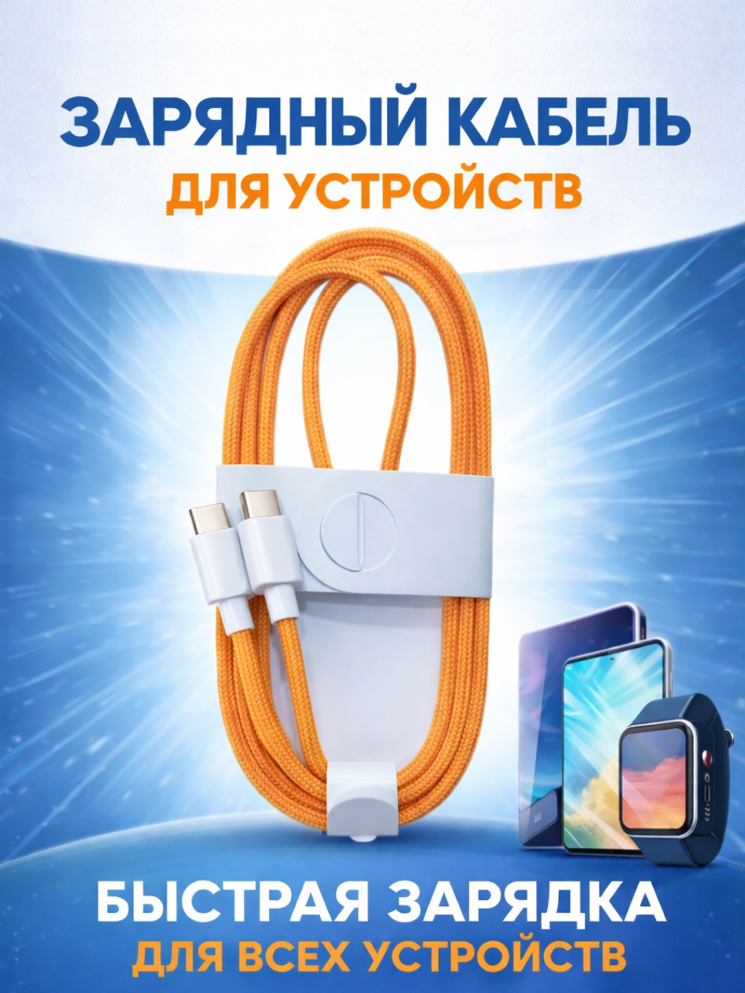 Зарядный кабель Type-C на Type-C, прочный, ярко-оранжевый цвет, длина 1м