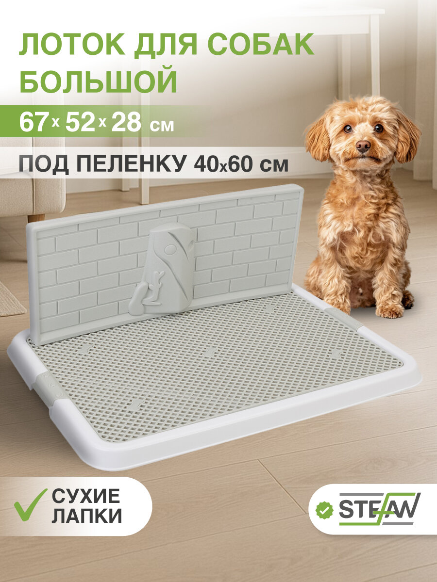 Большой лоток со стенкой для собак и щенков, под пеленку, с сеткой STEFAN (Штефан) размер 67х52х28, BP1310G, белый