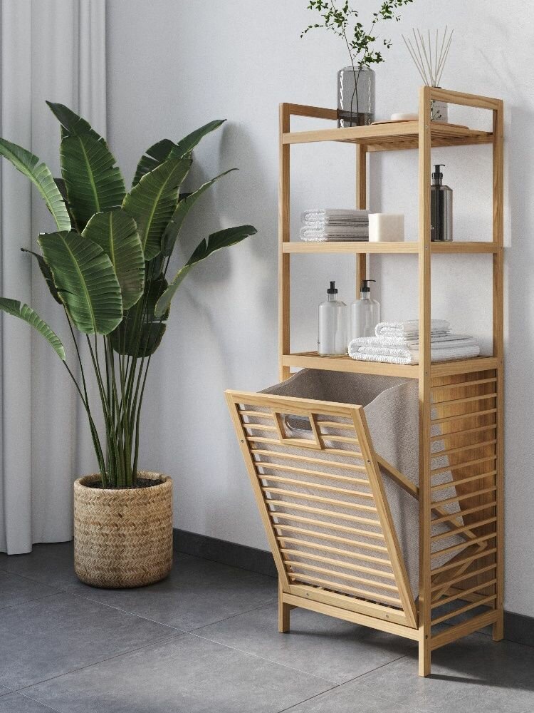 Стеллаж для ванной бамбук 40 см x 30 см x 120 см с корзиной