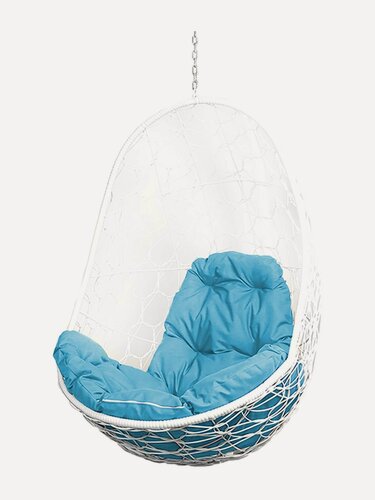 Изображение товара Подвесное кресло овал (без стойки), с ротангом белое, голубая подушка