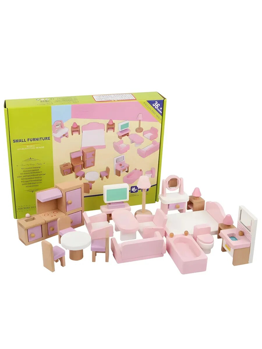 Деревянная мебель для кукольного домика, 22 предмета