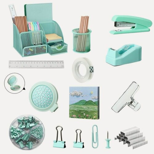 Изображение товара Набор железных металлических настольных принадлежностей 11 в 1, металлический держатель для ручек, степлер, резак для ленты, круглая зеркальная расческа, записная книжка