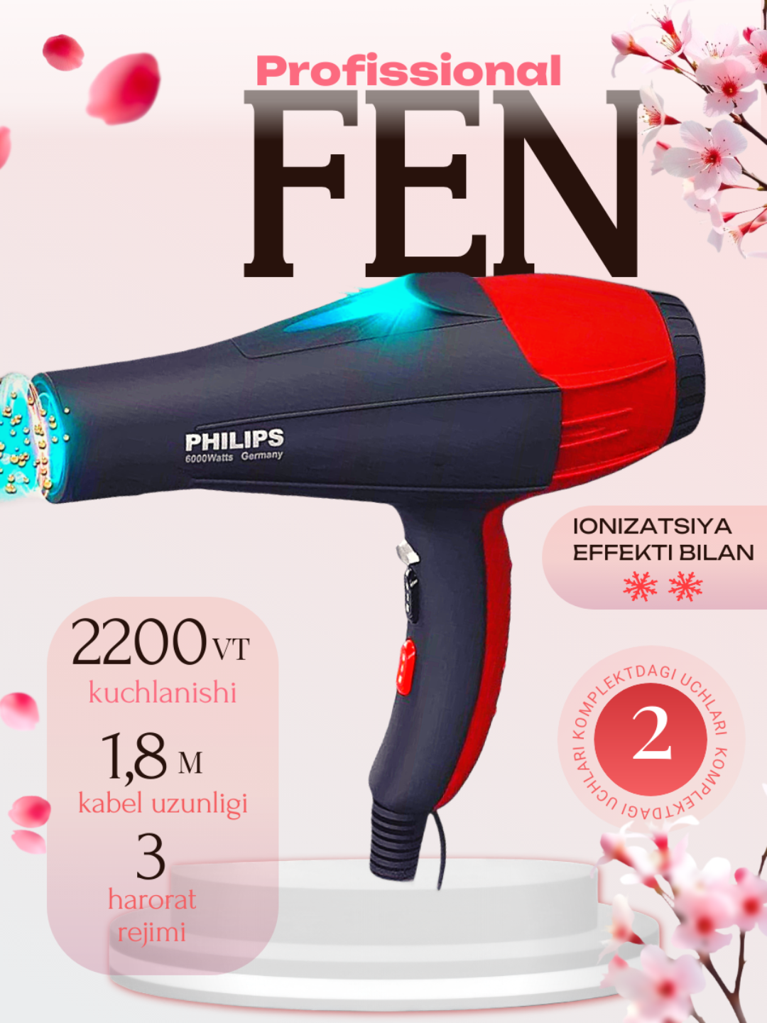 Фен для волос профессиональный PH-8080, для сушки и укладки, с ионизацией